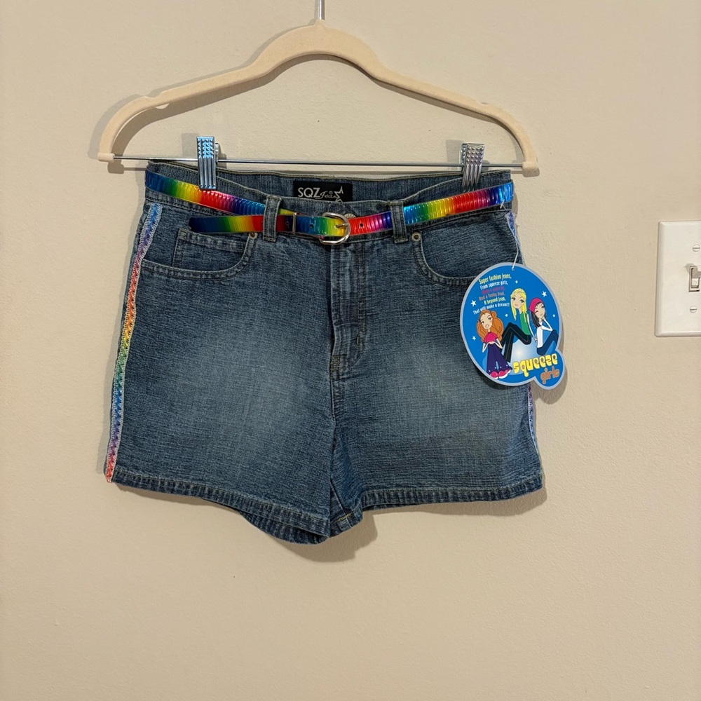 Y2K SOZ Denim Shorts with Rainbow Belt